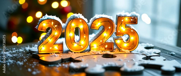 Fototapeta illuminated 2025 number lights on snow-covered jigsaw
