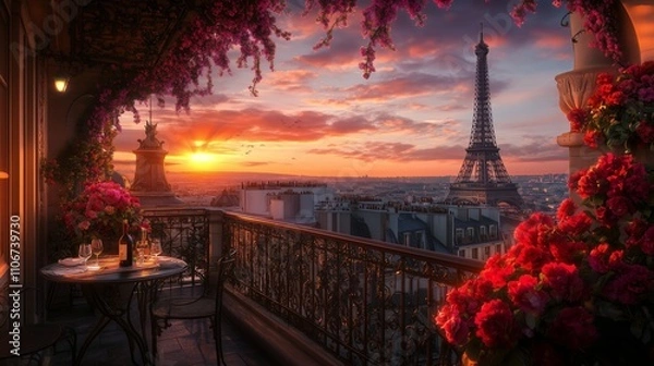 Fototapeta A romantic Parisian balcony with flowers overlooks the glowing Eiffel Tower at sunset.