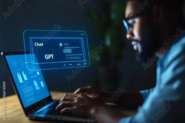 Fototapeta African male using laptop featuring ai chatbot interface at night