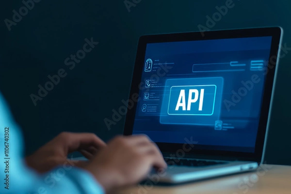 Fototapeta Tech professional using api interface on laptop in dark office environment