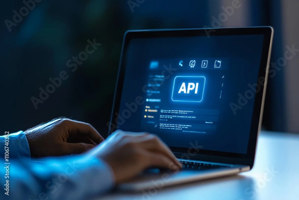 Fototapeta Male adult using api interface on laptop in dark room setting