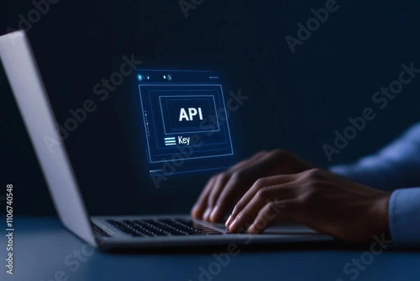 Fototapeta Api development on laptop - caucasian male hands typing in low light