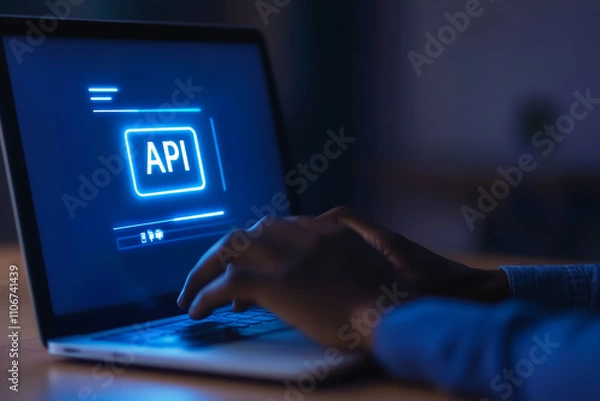 Fototapeta Person accessing api on laptop in dark room