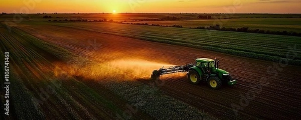Fototapeta Aerial view of a green tractor plowing a field during sunset, showcasing agricultural practices and the beauty of rural landscapes.