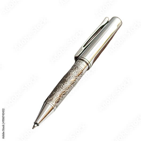Fototapeta A close up shot of an elegant silver pen featuring an intricate ornate design on its barrel.