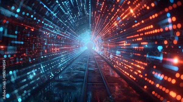 Obraz Abstract 3D Digital Tunnel:  Glowing Data Stream Visualization with Binary Code, Futuristic Railway to a Bright Portal, Illuminated by Neon Lights