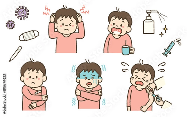 Fototapeta 子供　病気　イラスト　アイコン　セット