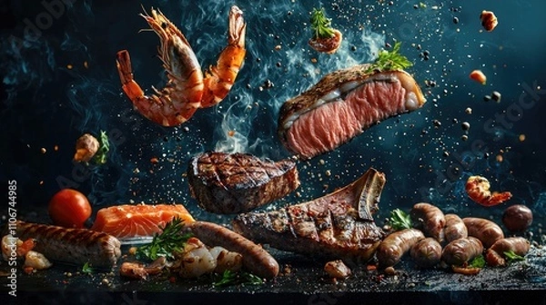 Fototapeta a stunning creative artwork of grilled steaks, shrimps, salmon filet and sausages, falling over a rustic dark blue surface, everything looks tasty 