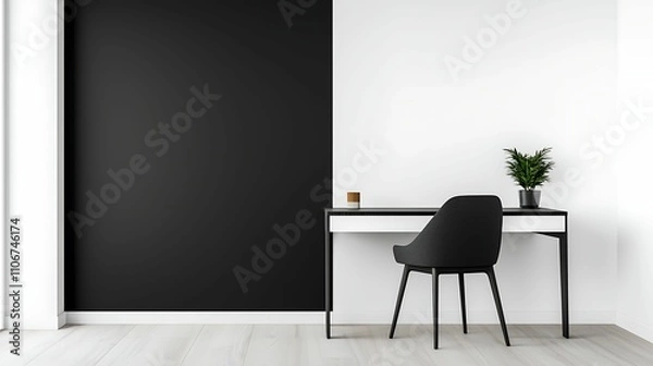 Fototapeta A minimalist workspace featuring a sleek black desk and a chair against contrasting black and white walls, complemented by a small potted plant.
