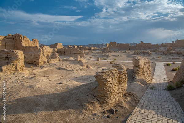 Obraz The pass way through the ancient walls of ruined city of Jiaohe, Silk road, China. Xinjiang