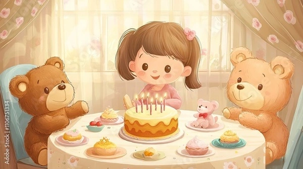 Fototapeta Cartoon style. a little girl , she is 5 years old, is playing with her teddy bears and the bears ar alive. All together ar sitting around a round table. 