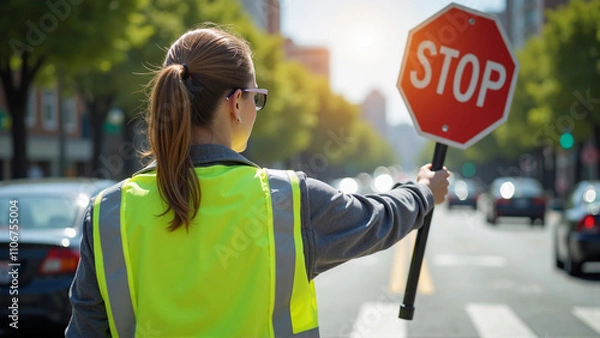 Obraz Female crossing guard ensuring pedestrian safety - Generative AI