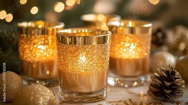 Fototapeta Gold candles with a soft flicker, displayed in ornate glass holders with a festive theme