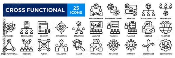 Fototapeta Cross functional icon collection set. Containing collaboration,cooperation,synergy,training,talent,project,integration icon. Simple line vector illustration.