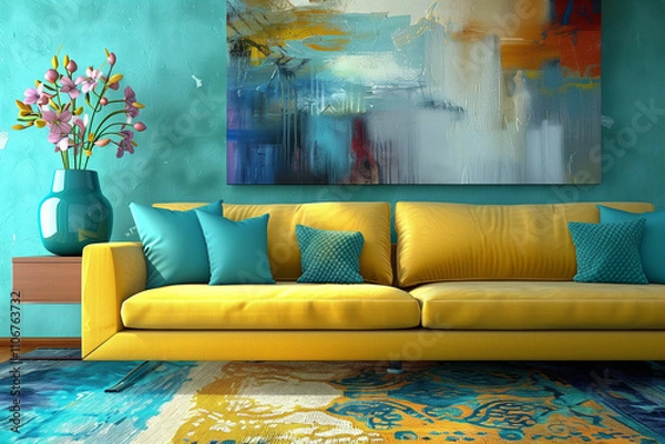 Fototapeta  Stylish living room with vibrant decor: yellow sofa, blue vase, and abstract carpet