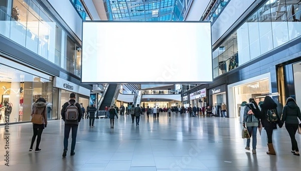 Fototapeta A large blank billboard dominates the bright interior of a modern shopping mall, showcasing ample advertising space. Shoppers stroll through the spacious hallways, creating a bustling atmosphere.