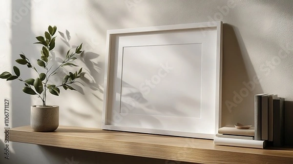 Obraz Blank white frame mockup on wooden shelf with plant and books.