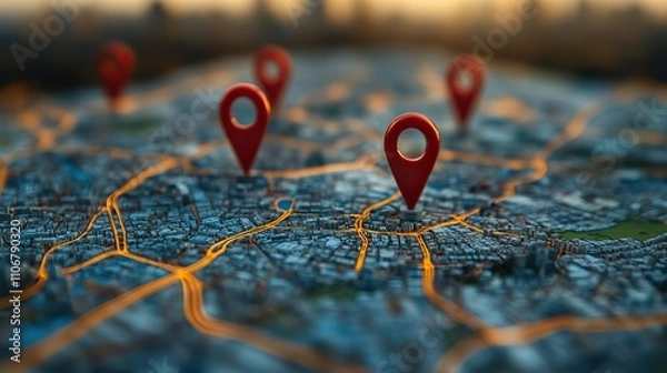 Fototapeta A city map features red pins marking different location points, representing the concept of online local search and navigation