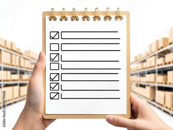 Fototapeta A hands-held checklist is shown against a background of shelves filled with boxes, suggesting organization and inventory management.