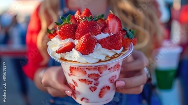 Obraz Closeup of a woman's hand holding a cup of strawberry yogurt parfait with whipped cream and fresh strawberries.