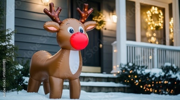 Fototapeta Inflatable reindeer with bright red nose standing near a snowy front porch