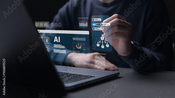 Fototapeta Businessman working with laptop computer with icons ,hand of business hold AI interface, application and software ,online network.