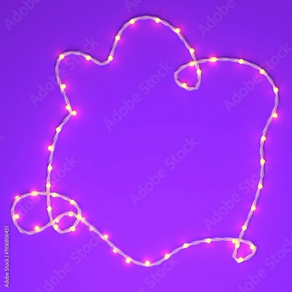 Obraz Christmas greeting card template, banner mock up with copy space, space for text. Christmas festive lights garland on purple background. Holiday background, beautiful fairy lights party backdrop