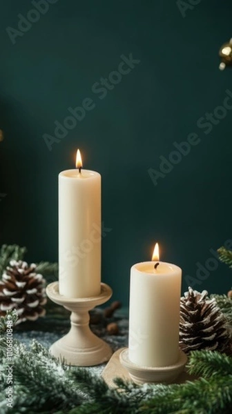 Obraz Beautiful Christmas white candles stand on the table on the left with copy space for text on the right. Xmas decor against a rough blue background. New Year's Eve and a holiday miracle