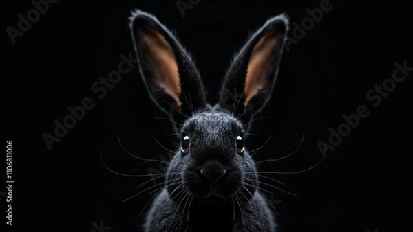 Fototapeta Portrait of a black rabbit in dramatic light against a blank black background - Generative AI