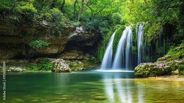 Fototapeta Beautiful waterfall surrounded by greenery and natural rock formations