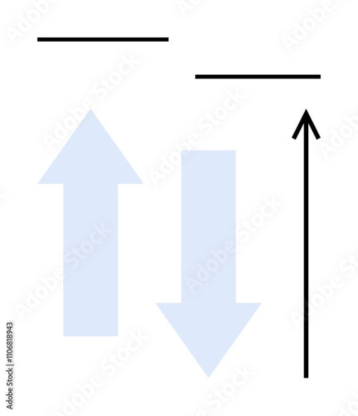 Obraz Blue vertical arrows thin black horizontal lines black outlined upward arrow. Ideal for navigation, movement, direction, contrast, simplicity, guidance, clarity. Line metaphor