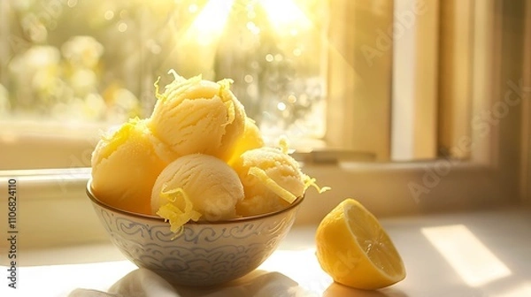 Fototapeta Lemon sorbet in a ceramic bowl with a lemon zest garnish set against a sunny window