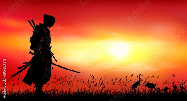 Fototapeta Japanese warrior samurai with a sword at sunset 3. A man stands with a sword in his hands against the background of a sunset. Samurai perform exercises with a sword. Red sunset