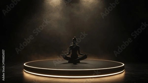 Obraz A silhouette meditating on a circular platform illuminated by soft light in a dark setting.