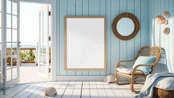 Fototapeta An empty poster frame mockup in a breezy beach house interior