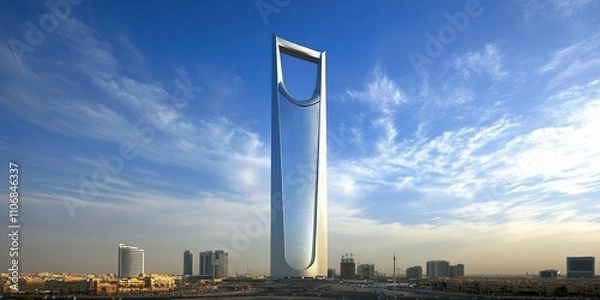 Fototapeta Kingdom Centre skyscraper in Riyadh with blue sky and scattered clouds