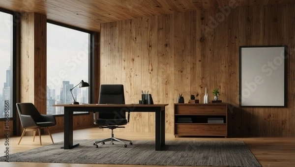 Fototapeta Modern office with a large wooden desk, computer, chair, and blank square poster on the wood-paneled wall