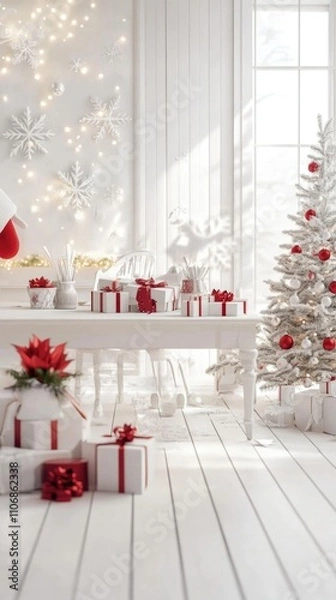 Fototapeta Bright White Room with a Large Window, Decorated in Christmas Style with a White X-mas Tree and Gifts Surrounding It.