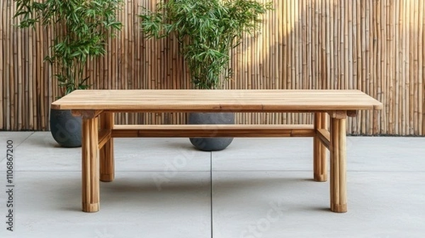 Fototapeta Eco-friendly interior design with bamboo furniture. Wooden table in a minimalist outdoor setting with plants.