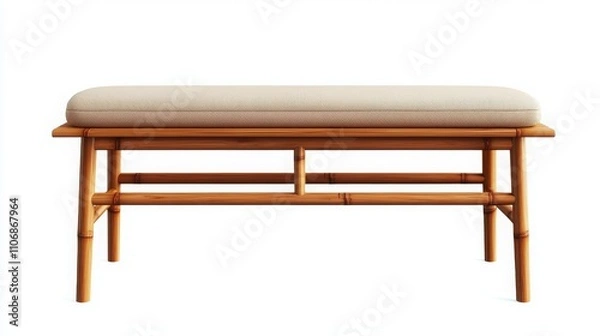 Fototapeta Eco-friendly interior design with bamboo furniture. Wooden bench with patterned cushion for seating or decor.