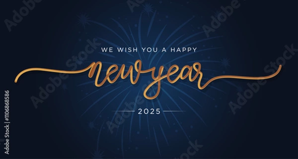 Obraz We wish you a Happy New Year 2025 lettering handwritten gold and blue background, firework banner