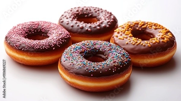Fototapeta Four glazed donuts with sprinkles in assorted colors, chocolate, pink, and yellow.