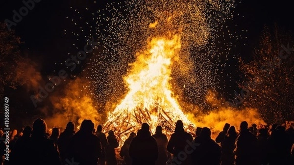 Fototapeta A roaring bonfire at night, with sparks flying into the air and people gathered around for warmth