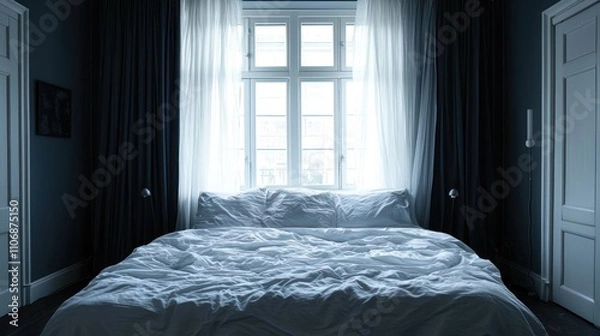 Fototapeta A tranquil dark bedroom with blackout curtains, emphasizing a peaceful environment for restful sleep