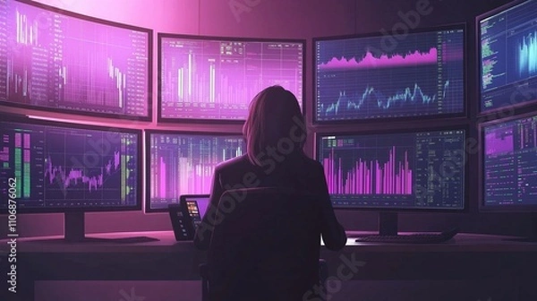 Fototapeta A businesswoman analyzing financial data on multiple screens in a dark room, with digital charts and numbers surrounding her.