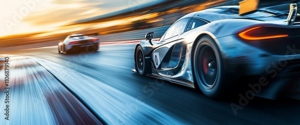 Fototapeta Dynamic racing scene with two high-performance cars on a track.