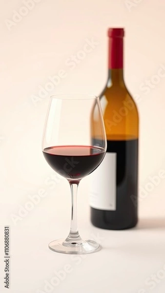 Obraz Glass of red wine and a bottle isolated on a white background with a shallow depth of field effect, sophisticated, still life, intimate