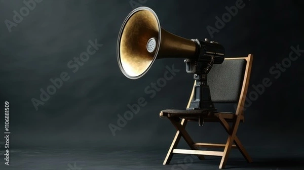 Fototapeta A vintage megaphone placed on a classic directorâ€™s chair in front of a matte black backdrop, evoking the old-school film era, film direction, casting process, movie making