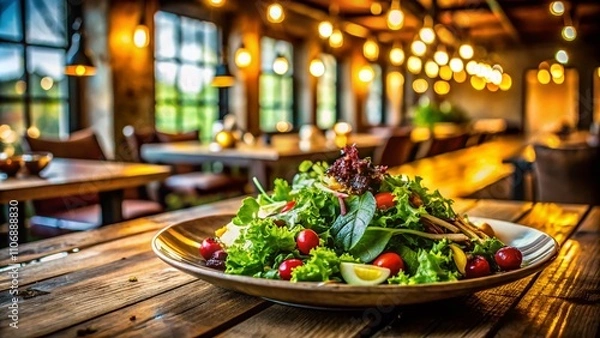 Fototapeta Elegant Long Exposure of a Fresh Green Salad in a Cozy Restaurant Setting, Capturing the Vibrancy of Ingredients and Atmosphere for Culinary Exploration