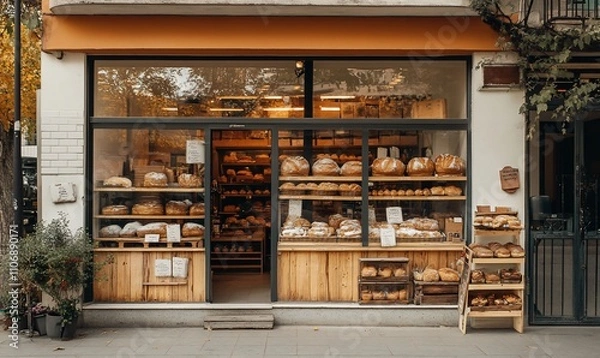 Obraz A charming bakery storefront displaying an array of fresh bread and pastries.